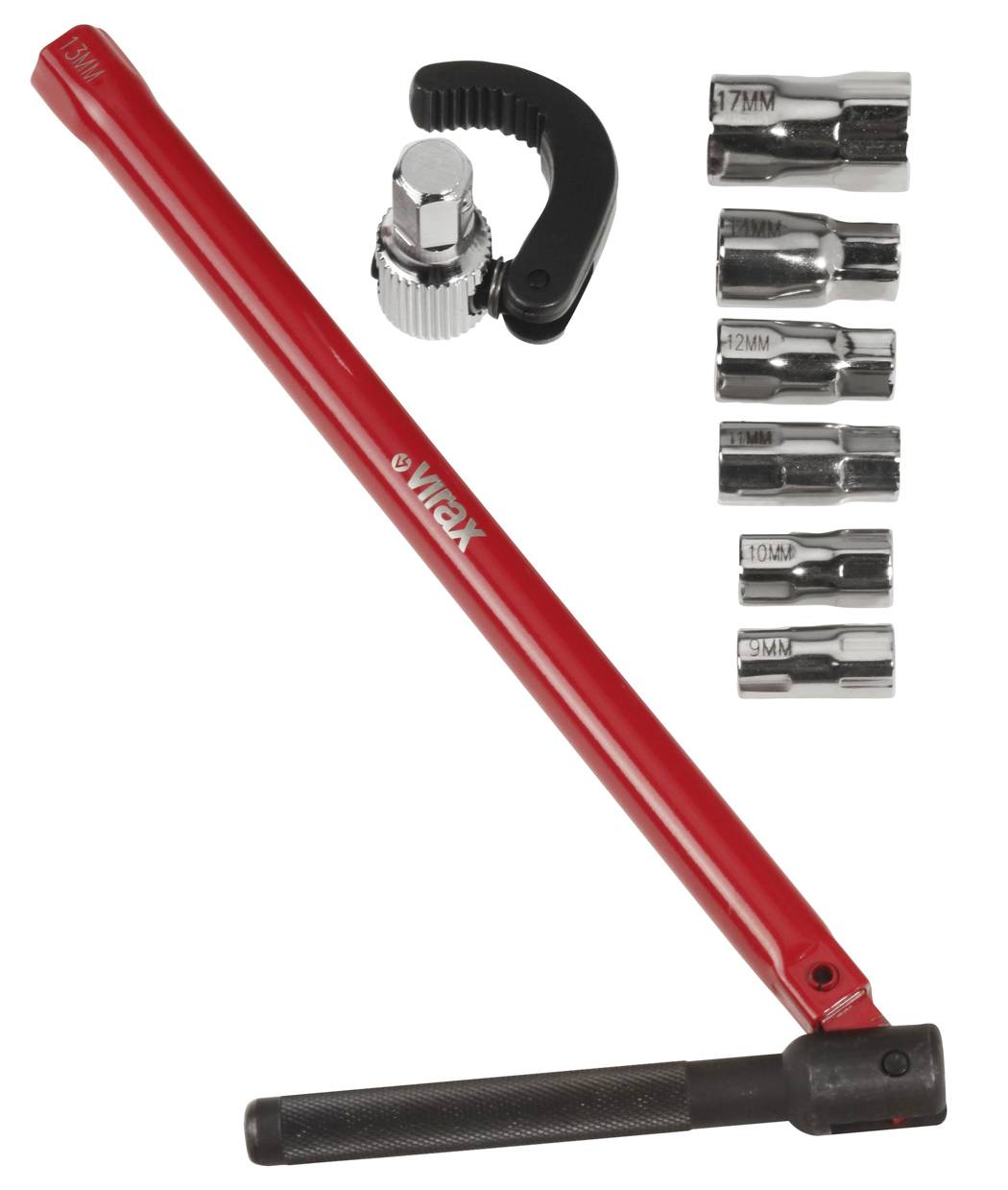 Red VicTorx breaker bar tool with black handle, ratcheting head adapter, and six chrome socket attachments displayed on white background.