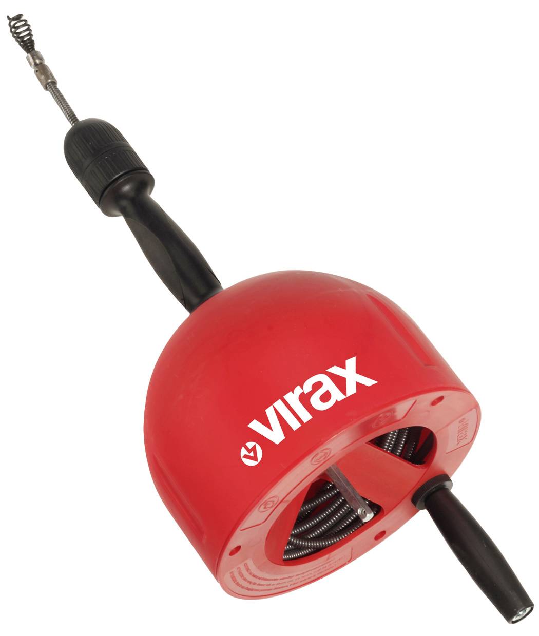 Red ViraX drain cleaning tool with handle, cable, and drum casing on a white background.