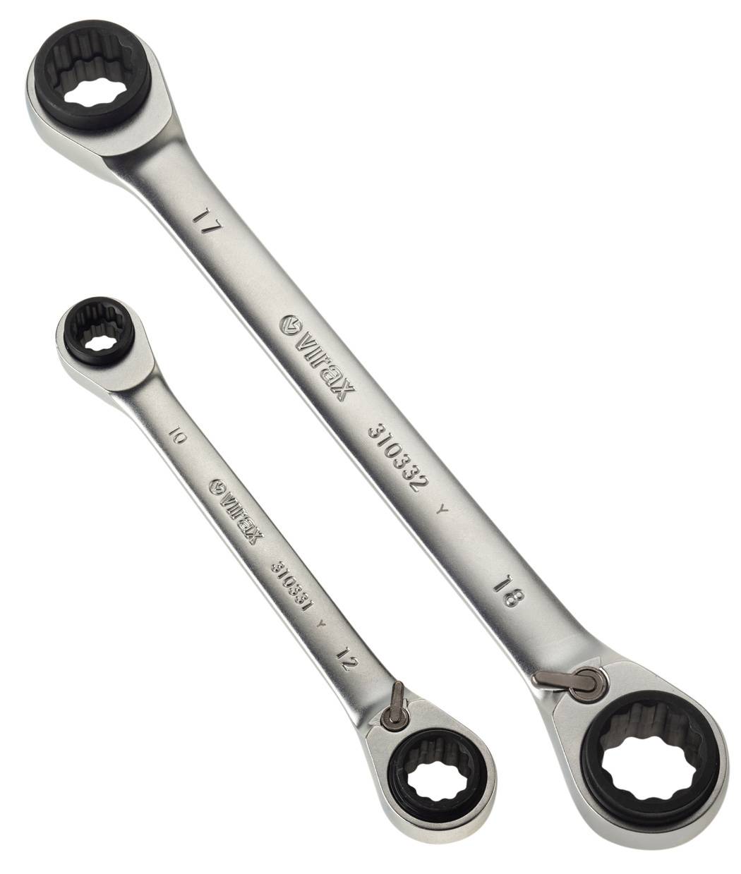 Two silver ratcheting box-end wrenches, sizes 10-12 and 17-18, shown on a white background.