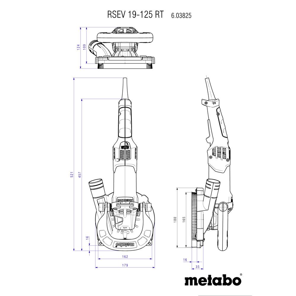 'Metabo RSEV 19-125 RT - Technical Drawing' displays front, side, and top views with dimensions for a power tool.