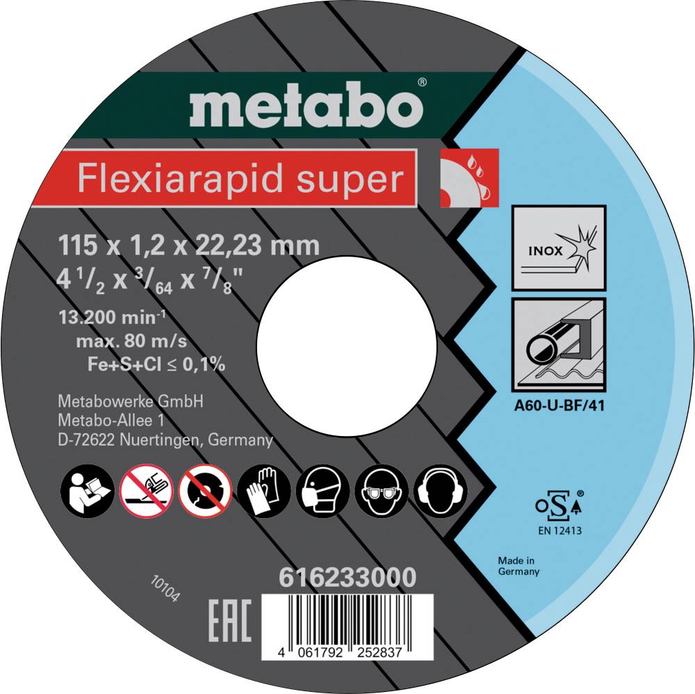 'Metabo Flexiarapid super' disc label with specifications: 115 x 1.2 x 22.23 mm, 13,300 RPM, max 80 m/s, made in Germany, inox use.