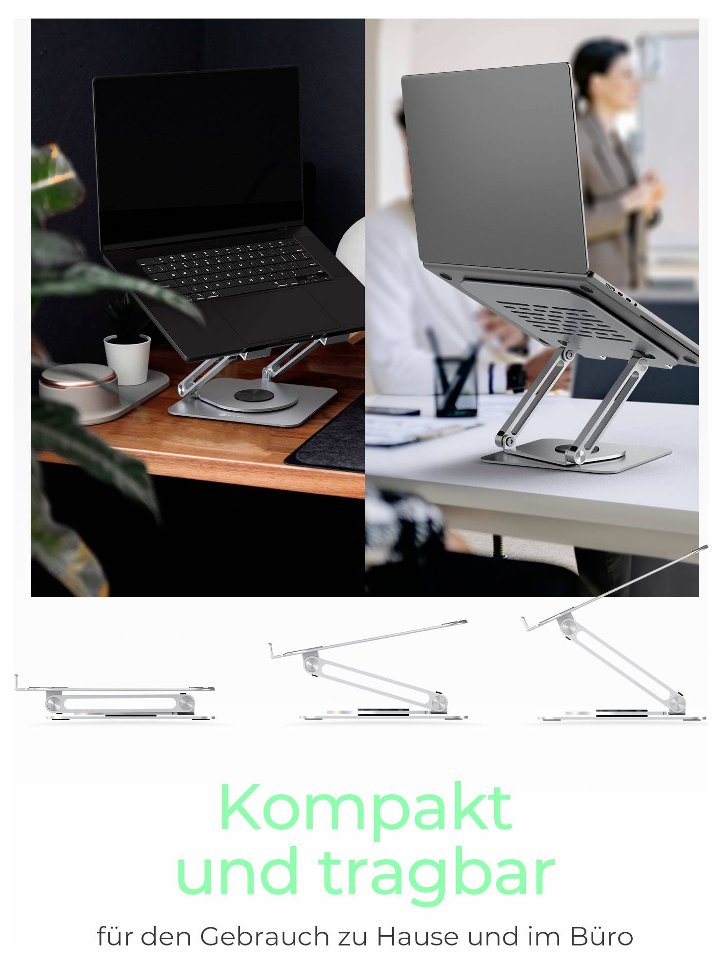 'Kompakt und tragbar für den Gebrauch zu Hause und im Büro' with images of a laptop stand in use and its adjustable settings.