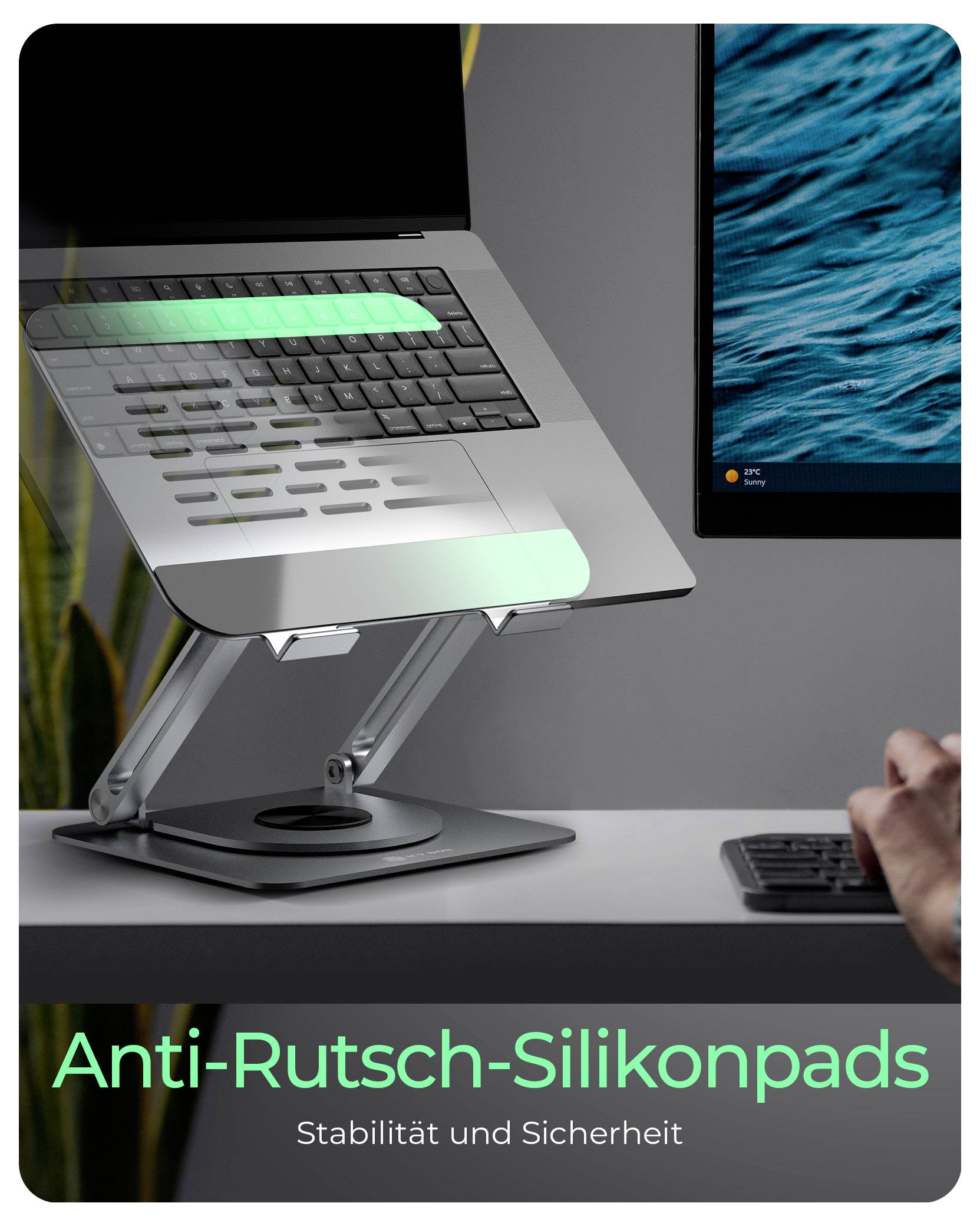 A laptop on a stand, with 'Anti-Rutsch-Silikonpads: Stabilität und Sicherheit' text, highlighting stability features.