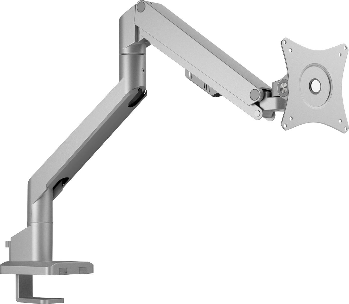 A silver adjustable monitor arm with a clamp mount and VESA plate, designed for ergonomic positioning of computer screens on a desk.