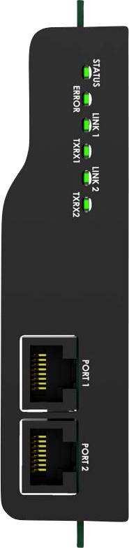 A black network device with LED indicators labeled 'Status', 'Link 1', 'Link 2', 'Error', 'Port 1', and 'Port 2'. Two Ethernet ports below.