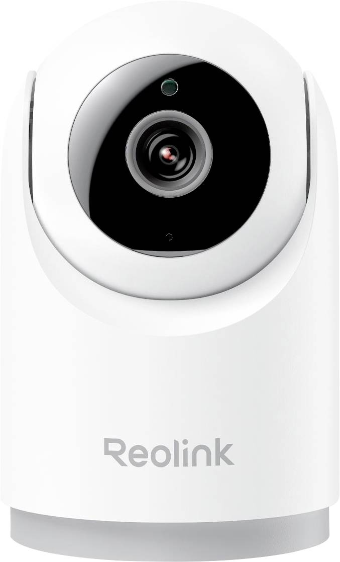 A white surveillance camera with a black lens, branded with 'Reolink', designed for home security.