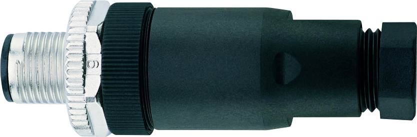 A metallic electrical connector with a threaded end is shown. It features a black plastic casing and silver metal threading for secure attachment.