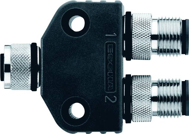 A Y-shaped metal connector with one input and two outputs, featuring screw-threaded ends for secure attachment in industrial settings.