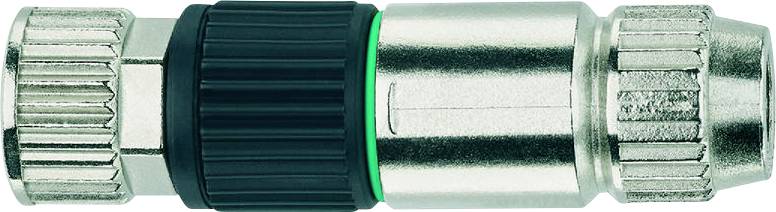 A metallic and plastic cylindrical connector with grooves and a green stripe, typically used for secure attachment in technical equipment.