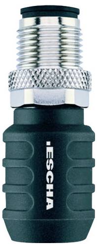A close-up of a black cable connector with metallic threads labeled 'ESCHA', showing its locking mechanism and ribbed grip design.