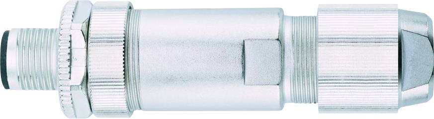 A metal jack connector with a ridged design, featuring multiple threaded sections for secure electrical connections.