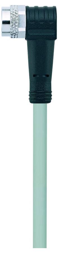 A green cable connected to a black and silver right-angle connector, often used for transmitting audio or video signals.