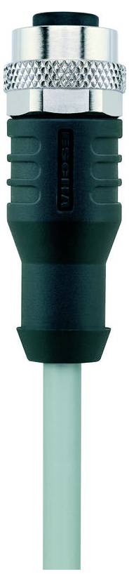 A black and green cylindrical electrical connector with a metal rim at the top, attached to a green cable.