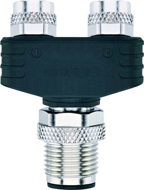 A coaxial cable splitter with two female ports on top labeled '1' and '2', and one male port at the bottom, used to divide a cable signal.