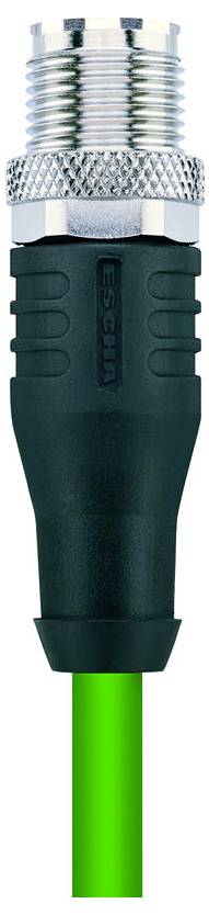 A close-up of a black and silver electrical connector with a green cable attached, used in industrial or electronic applications.