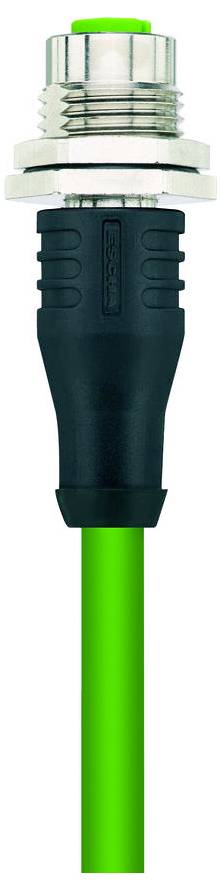 A green cable with a black connector and a metallic threaded end is shown vertically.