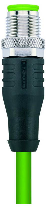 A black and green M12 connector with a metal tip, used for industrial and automation applications, shown against a white background.