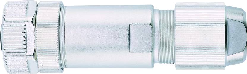 A metallic cylindrical connector with a ribbed grip section and locking mechanism, used for secure cable connections in electronic devices.