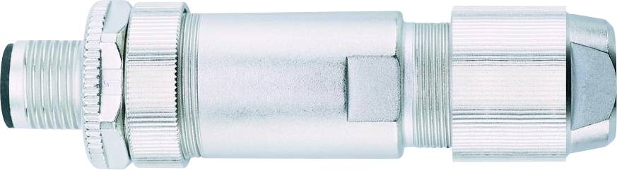 A silver, metallic industrial connector with threaded ends, designed for secure attachment in machinery or electronic equipment.