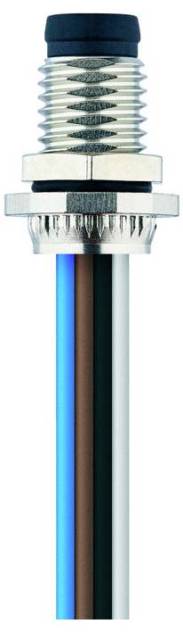 Three colored wires extending from a threaded metal connector: blue, brown, and black. The connector is metallic and cylindrical.