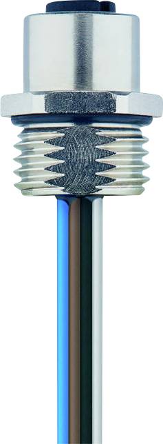 A metallic sensor with two threaded sections and three wires extending below.