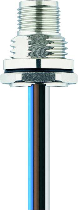 Close-up of a cylindrical metallic threaded connector attached to a cable with blue, brown, and black wires, possibly for electronic equipment.