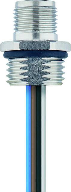 A close-up of a threaded metal sensor with blue, black, and brown wires extending from the bottom.