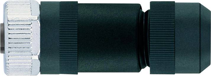A black cylindrical connector with a metallic knurled end, used for secure electrical or mechanical connections in devices.