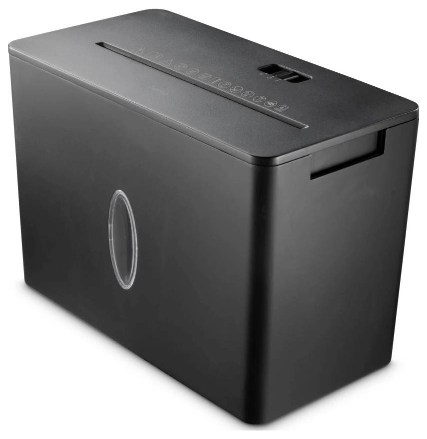 A black paper shredder with a slot for inserting documents and a clear window on the side to check the level of shredded paper inside.