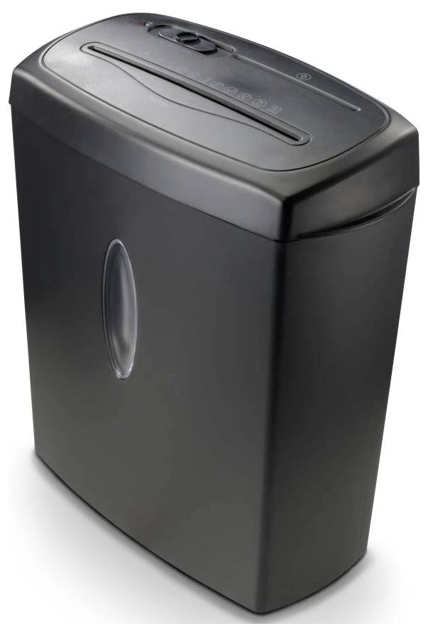 A black paper shredder with a curved top design is shown. It has visible indicators and a slot for inserting paper to be shredded.