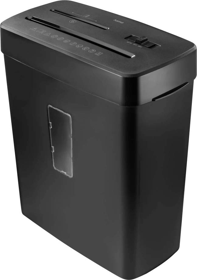 A black paper shredder with a top slot and control buttons, designed for use in offices to shred documents securely.