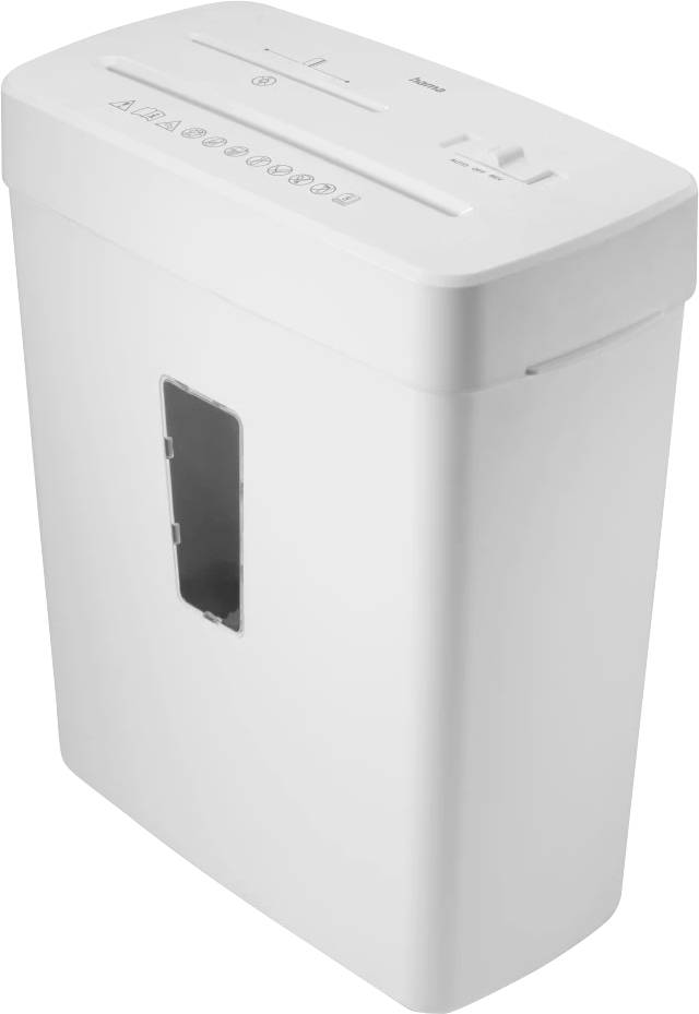 A white paper shredder with a slot on top for feeding paper and several control symbols. It has a semi-transparent window to view the contents.