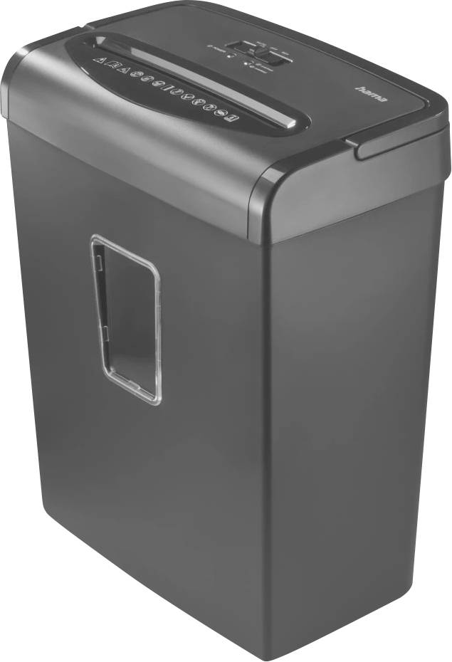 A black document shredder with a slot on top for paper and a transparent window on the front to view its capacity.