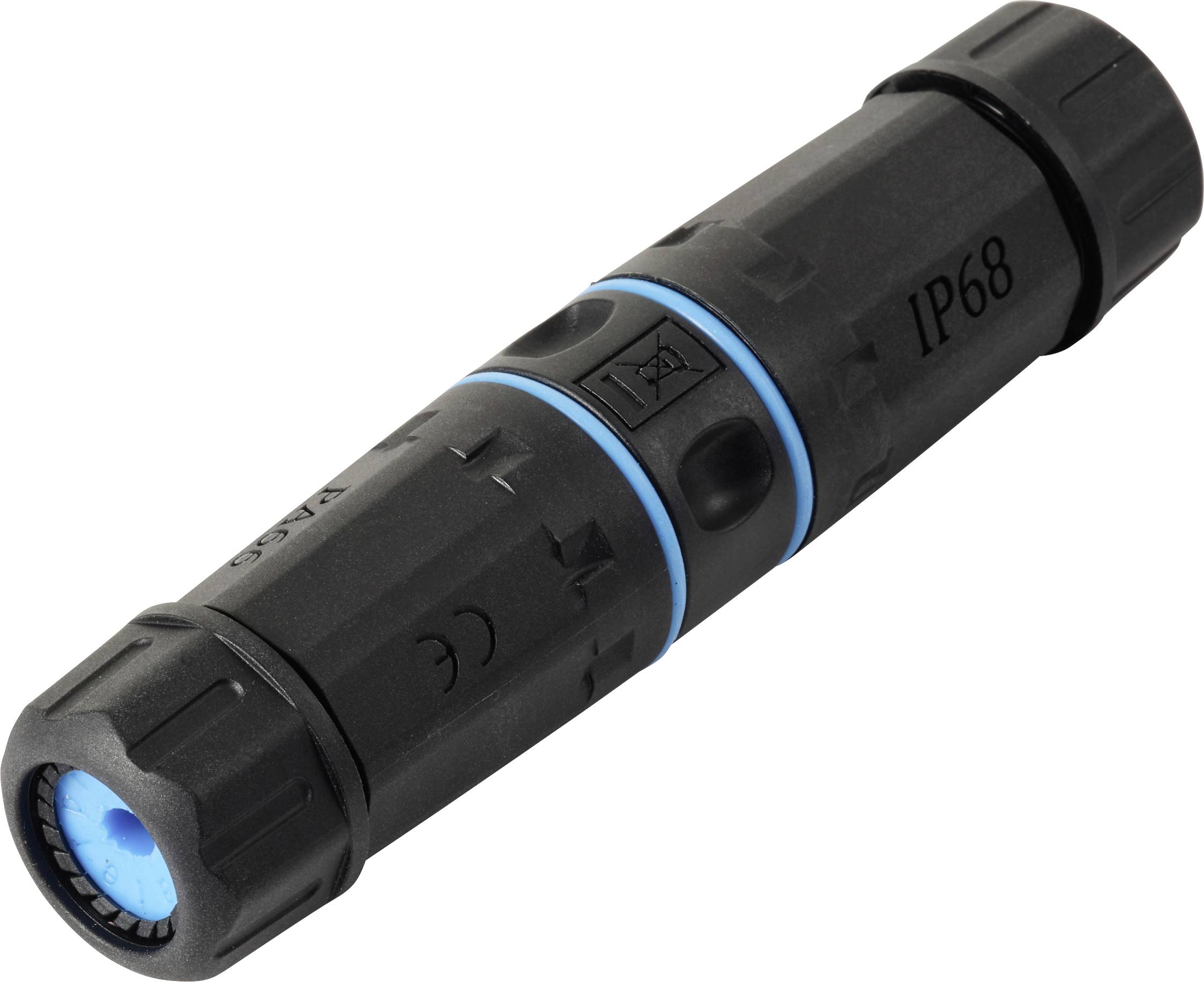 A black cylindrical electrical connector marked 'IP68' with blue accents, indicating it's waterproof and suitable for outdoor use.