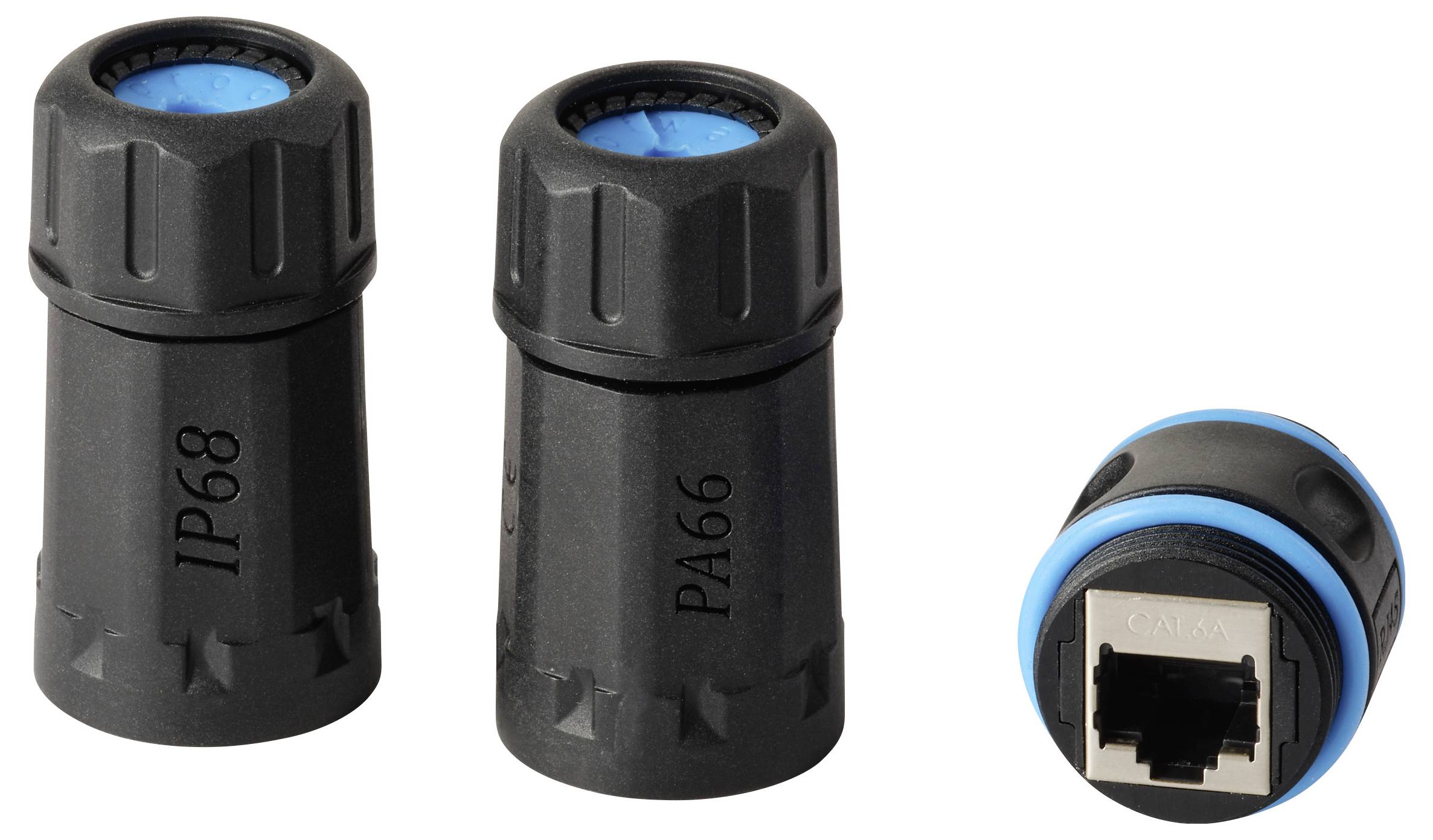 'Three black and blue electrical connectors. The left shows 'IP68', the middle 'PA66', and the right has an exposed port.'