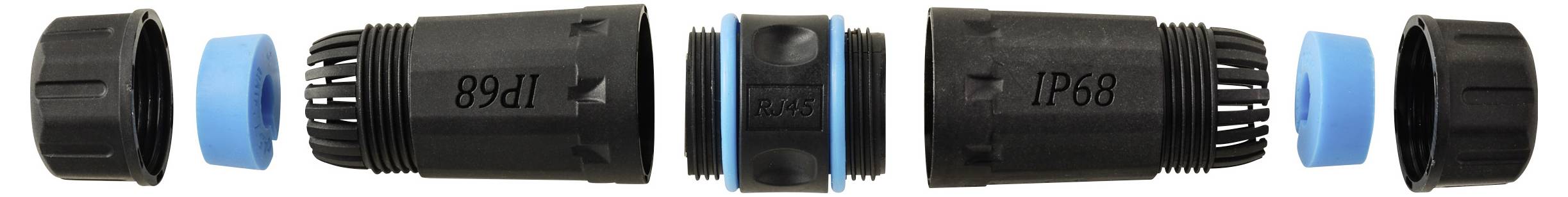 'IP68' waterproof connector disassembled, showing six black and blue components aligned in sequence, highlighting assembly parts.