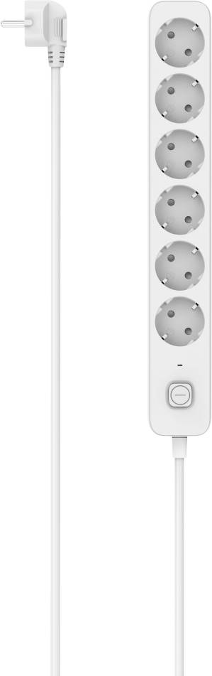 White power strip with six outlets and a long cord, featuring a round power switch.