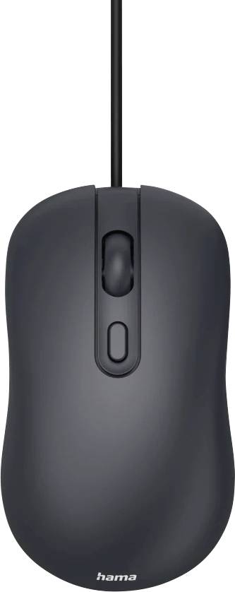 A black wired computer mouse with a scroll wheel and two buttons is shown from a top-down view.