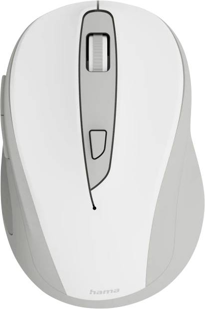 A white and gray wireless computer mouse with a scroll wheel and a central button is viewed from above.