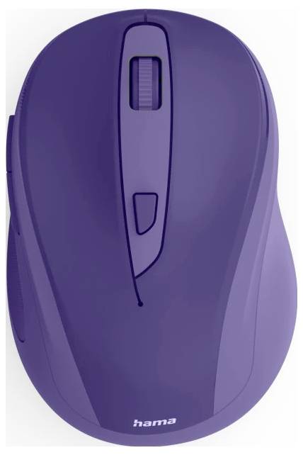 A purple wireless computer mouse with a scroll wheel and two buttons, branded 'hama', viewed from above.