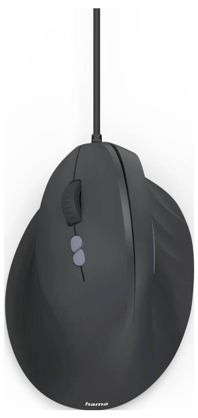 A vertical ergonomic mouse with a sleek black design, a scroll wheel, and two thumb buttons, connected via a cord.