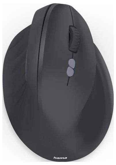Ergonomic black wireless computer mouse with a scroll wheel and two side buttons. Designed for right-hand use.