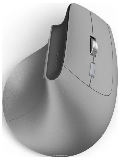 Ergonomic gray vertical computer mouse with a scroll wheel, two buttons, and a thumb rest, designed for comfortable hand positioning.