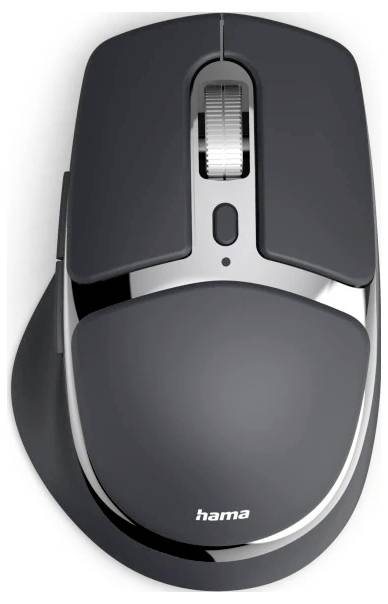 A black and gray wireless computer mouse with a scroll wheel and two buttons. The brand name 'hama' appears at the bottom.