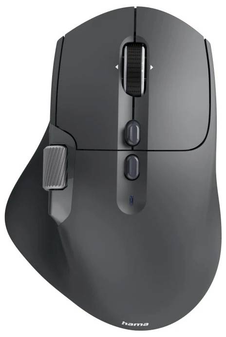 A black ergonomic computer mouse with multiple buttons and a scroll wheel on top, designed for a comfortable grip and precise control.