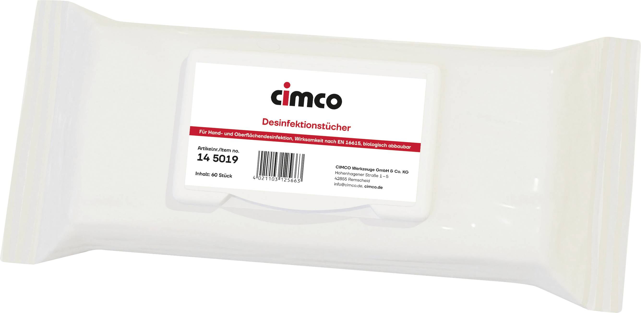 'cimco Desinfektionstücher' packaging, white packet with red and black text indicating disinfectant wipes for hands and surfaces.