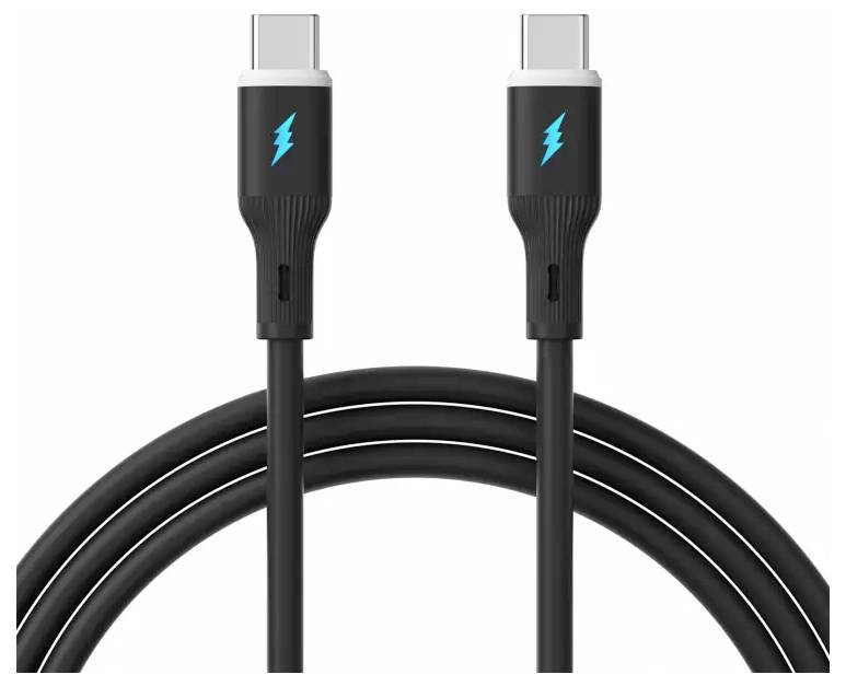A black USB-C cable with lightning bolt symbols on both connectors, indicating high-speed data transfer capabilities.