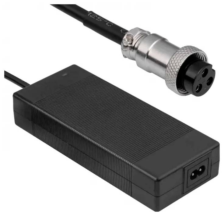 A black power adapter with a three-pin plug connector attached to a cable, used for connecting electronic devices to a power source.