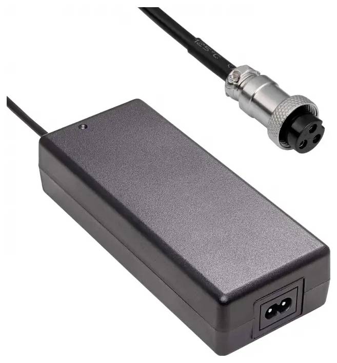 A rectangular black power adapter with an attached round connector cable.