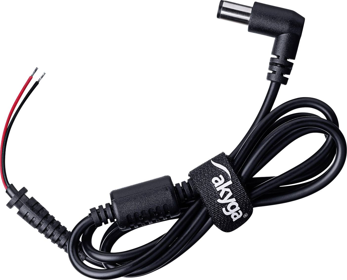 A black power cable with an L-shaped plug on one end and red and black exposed wires on the other, coiled with a branded strap.